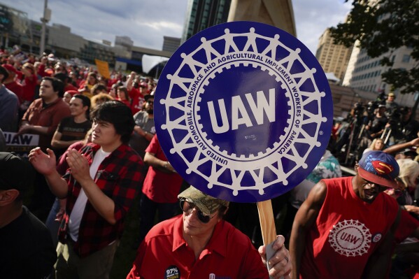 United Auto Workers members attend a rally in Detroit, Friday, Sept. 15, 2023. The UAW is conducting a strike against Ford, Stellantis and General Motors. (AP Photo/Paul Sancya)
