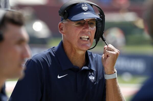 FILE - In this Aug. 28, 2021, file photo, Connecticut coach Randy Edsall coaches his team against Fresno State during the second half of an NCAA college football game in Fresno, Calif. Edsall, whose teams have won just six games since he returned to the Huskies for a second stint as coach in 2017 has announced that he will retire at the end of the season. (AP Photo/Gary Kazanjian, File)