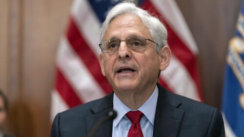 FILE - Attorney General Merrick Garland speaks during a meeting with all of the U.S. Attorneys in Washington, Wednesday, June 14, 2023. Two years after the U.S. Department of Justice launched an investigation of the Minneapolis Police Department in the wake of George Floyd's death, Garland will be in Minneapolis on Friday, June 16, “on a civil rights matter.” DOJ spokeswoman Dena Iverson on Thursday, June 15, declined to say if the police department investigation will be the subject of the news conference at the federal courthouse in Minneapolis. (AP Photo/Jose Luis Magana, File)