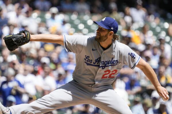 Los Angeles Dodgers starting pitcher Clayton Kershaw throws during the first inning of a baseball game against the Milwaukee Brewers Wednesday, May 10, 2023, in Milwaukee. (AP Photo/Morry Gash)