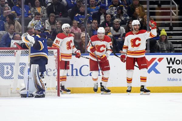 Calgary Flames' Walker Duehr (71) reacts after scoring his first NHL goal against the St. Louis Blues during the second period of a hockey game Thursday, Jan. 12, 2023, in St. Louis. (AP Photo/Jeff Le)