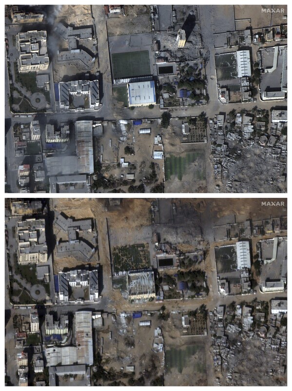 This combination of satellite images provided by Maxar Technologies shows the Gaza Sports Club on Oct. 31, 2023 and on Nov. 1, after it was damaged. (Maxar Technologies via AP)