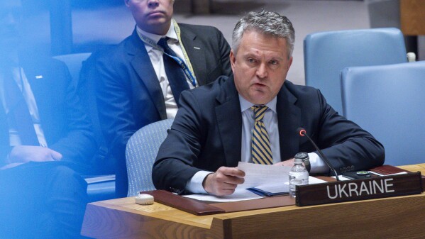 Ukrainian Ambassador to the United Nations Sergiy Kyslytsya speaks to delegates during a security council meeting at United Nations Headquarters, Monday, Jan. 22, 2024. (AP Photo/Eduardo Munoz Alvarez)