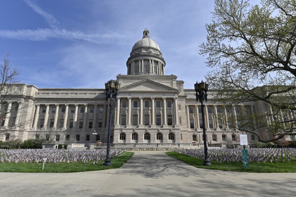 FILE - The exterior of the Kentucky Capitol is viewed April 7, 2021, in Frankfort, Ky. Kentucky’s Supreme Court on Thursday, Dec. 14, 2023 upheld Republican-drawn boundaries for state House and congressional districts, rejecting Democratic claims that the majority party's mapmaking amounted to gerrymandering in violation of the state’s constitution. (AP Photo/Timothy D. Easley, File)