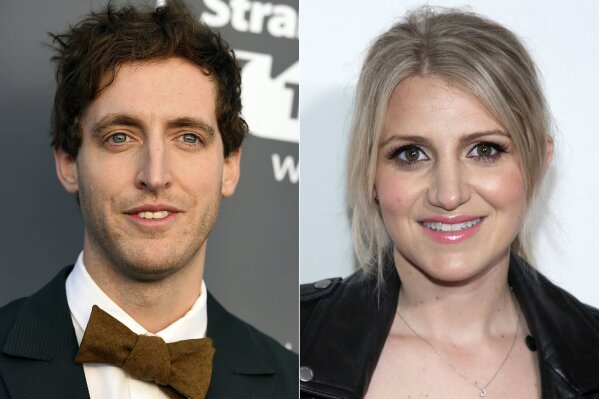 FILE - This image of file photos shows Thomas Middleditch at the 23rd annual Critics' Choice Awards in Santa Monica, Calif. on Jan. 11, 2018, left, and Annaleigh Ashford at the screening for "It Takes a Lunatic" during the 2019 Tribeca Film Festival in New York on May 3, 2019. Middleditch and Ashford will star in the new comedy series "B Positive" this fall on CBS. (AP Photo)