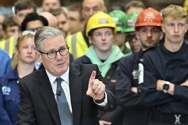 Britain's Prime Minister Keir Starmer speaks during a visit to the BAE Systems'Govan facility, in Glasgow, Scotland, Monday June 2, 2025. (Andy Buchanan, Pool Photo via AP)