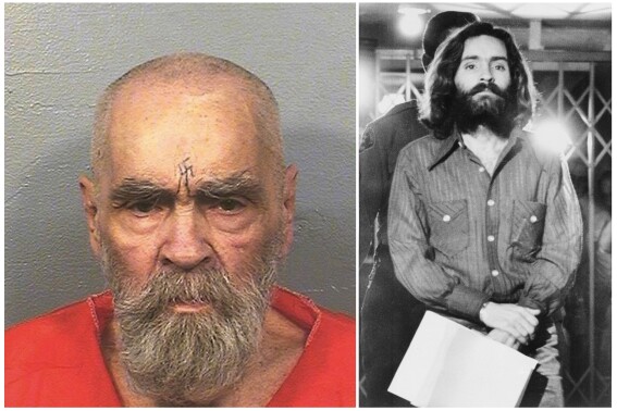 FILE - This combination of file photos shows Charles Manson on Aug. 14, 2017, left, in a photo provided by the California Department of Corrections and Rehabilitation, and on Dec. 22, 1969, right, leaving a Los Angeles courtroom. Leslie Van Houten, one of Manson's followers, was released from prison on parole on July 11, 2023. (California Department of Corrections and Rehabilitation, left, and Wally Fong, right, via AP, File)