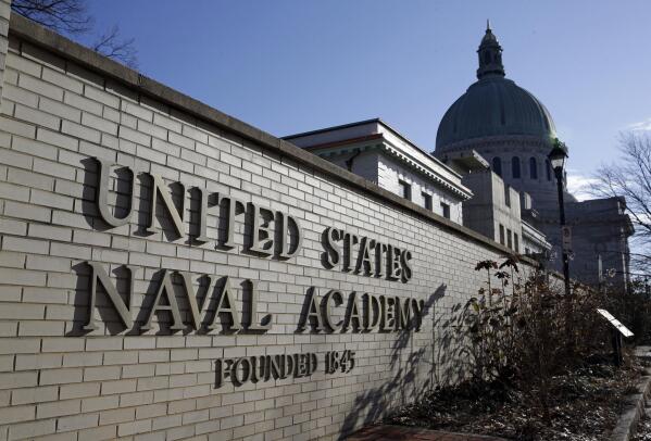 FILE - An entrance to the U.S. Naval Academy campus in Annapolis, Md., is seen Jan. 9, 2014. Reported sexual assaults at the U.S. military academies shot up during the 2021-22 school year, and one in five female students surveyed said they experienced unwanted sexual contact, the Associated Press has learned. (AP Photo/Patrick Semansky, File)