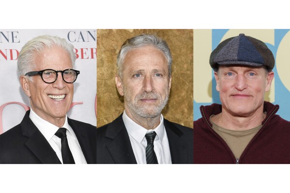 This combination of photos shows Ted Danson, Jon Stewart and Woody Harrelson, who are entering the world of podcasts. Danson and Harrelson have signed up for “Where Everybody Knows Your Name with Ted Danson and Woody Harrelson (Sometimes),” which will be launched June 12 by SiriusXM. Stewart, who returned to Comedy Central's “The Daily Show” earlier this year to host once a week, will do a podcast called “The Weekly Show,” according to Comedy Central. (AP Photo)