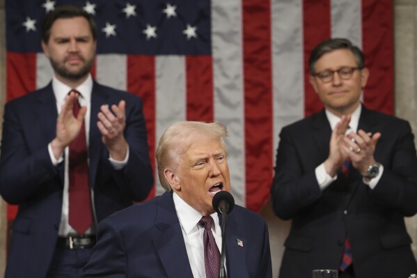 President Donald Trump addresses a joint session of Congress at the Capitol in Washington, Tuesday, March 4, 2025. (Win McNamee/Pool Photo via AP)