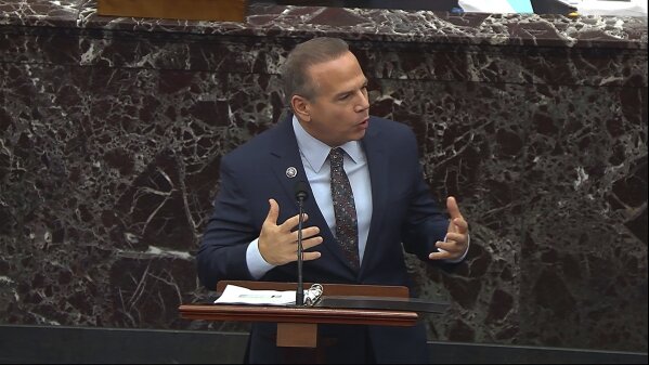 In this image from video, House impeachment manager Rep. David Cicilline, D-R.I., speaks during the second impeachment trial of former President Donald Trump in the Senate at the U.S. Capitol in Washington, Thursday, Feb. 11, 2021. (Senate Television via AP)