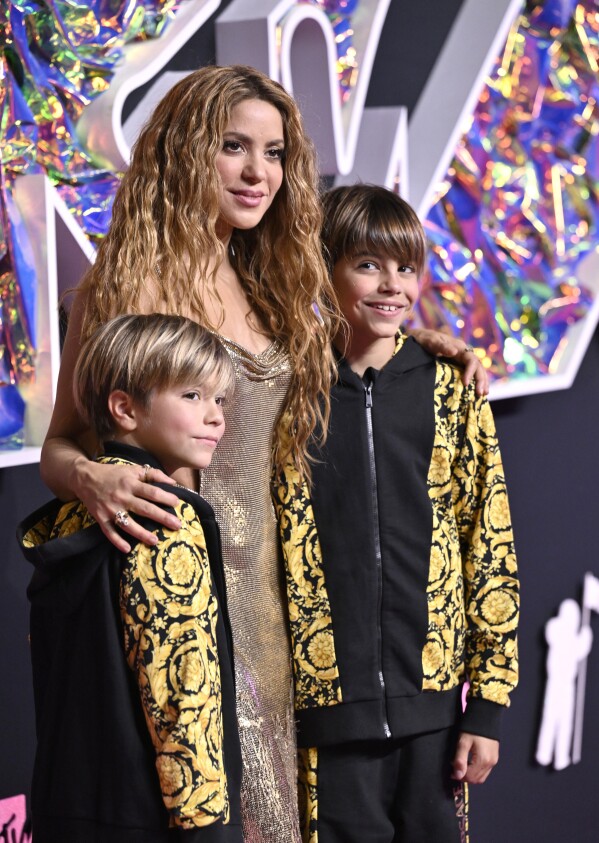 Shakira and her sons Sasha Pique Mebarak, left, and Milan Pique Mebarak, arrive at the MTV Video Music Awards on Tuesday, Sept. 12, 2023, at the Prudential Center in Newark, N.J. (Photo by Evan Agostini/Invision/AP)