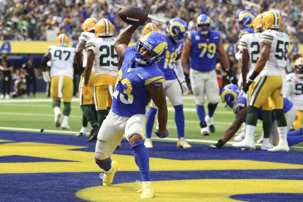 Los Angeles Rams running back Kyren Williams (23) celebrates his touchdown during the first half of an NFL football game against the Green Bay Packers Sunday, Oct. 6, 2024, in Inglewood, Calif. (AP Photo/Ryan Sun)