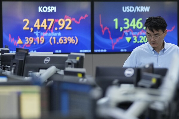 A currency trader passes by the screens showing the Korea Composite Stock Price Index (KOSPI), left, and the foreign exchange rate between U.S. dollar and South Korean won at the foreign exchange dealing room of the KEB Hana Bank headquarters in Seoul, South Korea, Tuesday, Oct. 10, 2023. Asian shares climbed Tuesday after Wall Street advanced on potentially encouraging news about interest rates, which have been dragging markets lower since the summer. (AP Photo/Ahn Young-joon)