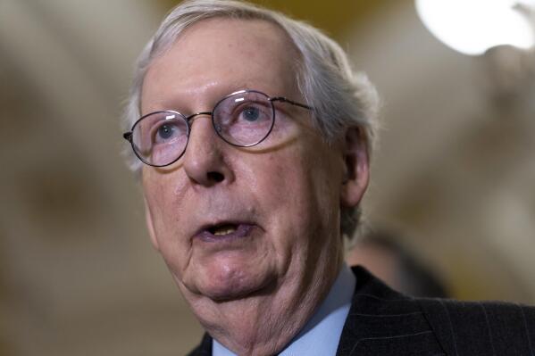 FILE - Senate Republican Leader Mitch McConnell, R-Ky., speaks to reporters following a closed-door policy meeting, at the Capitol in Washington, Tuesday, Feb. 28, 2023. McConnell said Saturday, March 25, that he has been released from the rehabilitation facility where he had physical therapy for a concussion caused by a fall earlier this month. The 81-year-old Kentucky Republican said in a statement released by his office that he will work from home for the next few days. (AP Photo/J. Scott Applewhite, File)