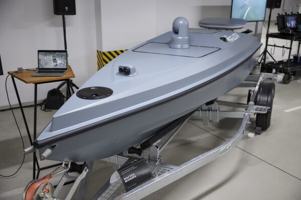FILE - In this undated photo provided by Ministry of Digital Transformation of Ukraine a Magura V5 (maritime autonomous guard unmanned robotic apparatus V-type), Ukrainian multi-purpose unmanned surface boat capable of performing various tasks, is seen in Ukraine. Uncrewed, remote-controlled boats have been around since the end of World War II. Late last century, technological innovations broadened their potential uses. Lethal, advanced sea drones developed and deployed by Ukraine in its war with Russia have opened a new chapter in that story. (Daniyar Sarsenov/Ministry of Digital Transformation of Ukraine via AP, File)