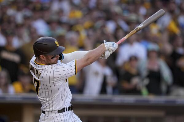 San Diego Padres' Brandon Drury watches his two-run single during the fifth inning in Game 2 of the baseball NL Championship Series between the San Diego Padres and the Philadelphia Phillies on Wednesday, Oct. 19, 2022, in San Diego. (AP Photo/Brynn Anderson)