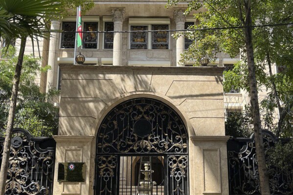 The Azerbaijan's Embassy new building in Tehran is seen, Iran, Monday, July 15, 2024. The embassy of Azerbaijan in Tehran resumed its work Monday after more than a year of negotiations between the two countries to ease tensions, Iran's semi-official media outlets reported. (AP Photo/Vahid Salemi)