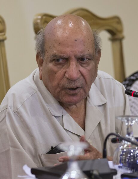 FILE - In this July 16, 2018, file photo, I.A. Rehman, a founding member of the independent Human Rights Commission of Pakistan (HRCP) addresses a news conference, in Islamabad, Pakistan. An iconic Pakistani human rights defender and journalist Rehman has died in the eastern city of Lahore, Monday, April 12, 2021, after a brief illness, his family and friends said. Rehman was about 90 and he spent the whole of his life defending human rights, opposing military dictators, fighting for the rule of law and democracy. (AP Photo/B.K. Bangash, File)