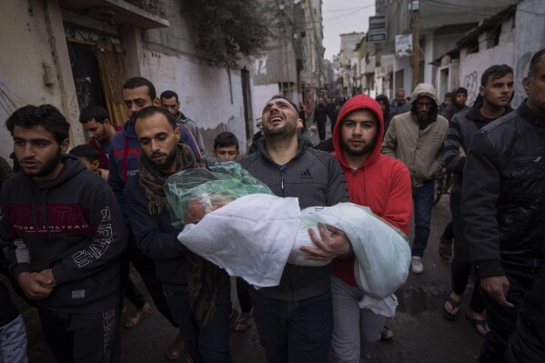 Mohammad Shouman carries the body of his daughter, Masa, who was killed in an Israeli bombardment of the Gaza Strip, during her funeral in Rafah, southern Gaza, Wednesday, Jan. 17, 2024. (APPhoto/Fatima Shbair)