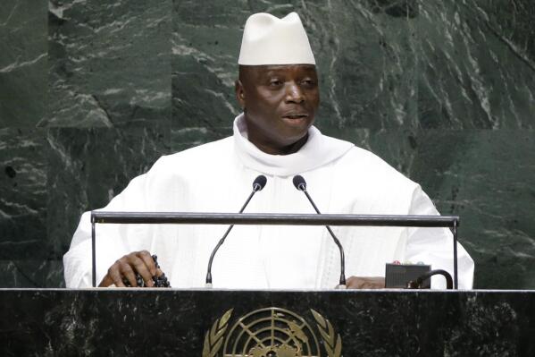 FILE - Gambia's President Yahya Jammeh addresses the 69th session of the United Nations General Assembly at the United Nations headquarters, Sept. 25, 2014. Gambia’s government is setting up a special prosecutor’s office to investigate for severe human rights violations and potentially charge former dictator Yahya Jammeh, who fled into exile in 2017 after 22 years in power. The government announcement Wednesday, May 25, 2022 came in response to recommendations from a truth, reconciliation and reparations commission that Jammeh face prosecution for murder, torture and sexual violence while he ruled from 1994 to 2017. (AP Photo/Frank Franklin II, File)