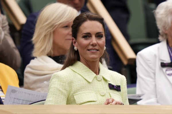 Kate, Princess of Wales sits in the Royal Box ahead of the final of the women's singles between the Czech Republic's Marketa Vondrousova and Tunisia's Ons Jabeur on day thirteen of the Wimbledon tennis championships in London, Saturday, July 15, 2023. (AP Photo/Alberto Pezzali)