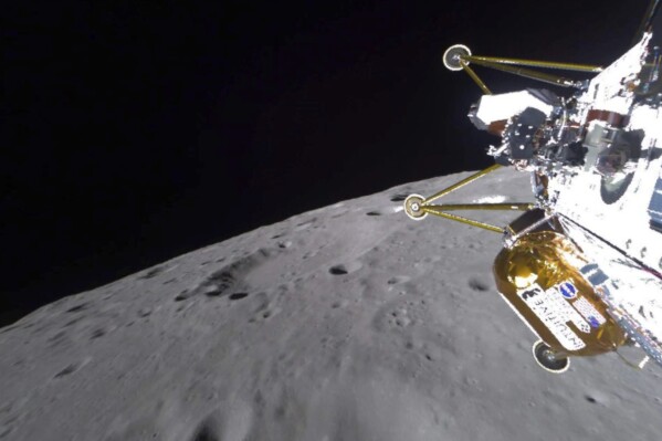This photo provided by NASA shows the Intuitive Machines' Athena lander approaching the surface of the moon on Thursday, March 6, 2025. (NASA via AP)