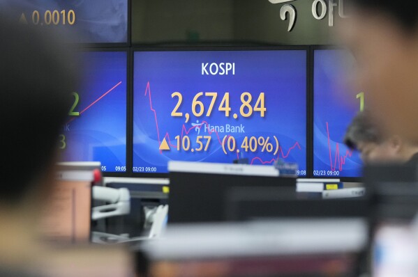 Currency traders watch monitors near the screen showing the Korea Composite Stock Price Index (KOSPI) at the foreign exchange dealing room of the KEB Hana Bank headquarters in Seoul, South Korea, Friday, Feb. 23, 2024. Asian markets mostly gained on Friday after Nvidia delivered another blowout quarter, setting off a rally in other technology companies that carried Wall Street to another record high. (AP Photo/Ahn Young-joon)