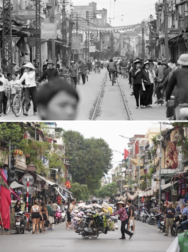 This combination of photos shows streetcar tracks running through the middle of Hanoi's busy Dong Xuan market in the North Vietnamese capital, April 2, 1973, top, and the same location on April 24, 2025. (AP Photo/Horst Faas, Hau Dinh)