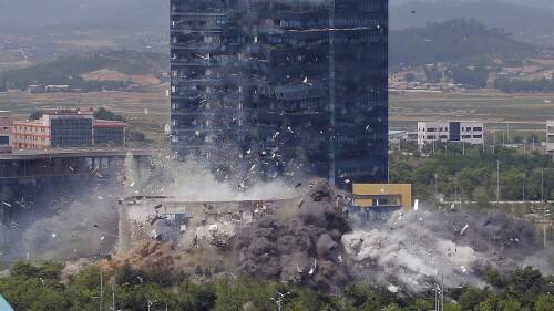 FILE - This photo provided by the North Korean government shows the demolition of an inter-Korean liaison office building in Kaesong, North Korea on June 16, 2020. Independent journalists were not given access to cover the event depicted in this image distributed by the North Korean government. The content of this image is as provided and cannot be independently verified. Korean language watermark on image as provided by source reads: "KCNA" which is the abbreviation for Korean Central News Agency. (Korean Central News Agency/Korea News Service via AP, File)
