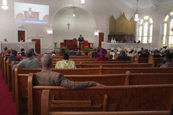 Congregants sit in largely empty pews during service at Zion Baptist Church in Columbia, S.C., on Sunday, April 16, 2023. Zion's shrinking attendance is in line with a recent Pew Research Center survey, which found that the number of Black Protestants who say they attend services monthly has fallen from 61% in 2019 to 46%. They are also the only group in which more than half attend services virtually. (AP Photo/Jessie Wardarski)