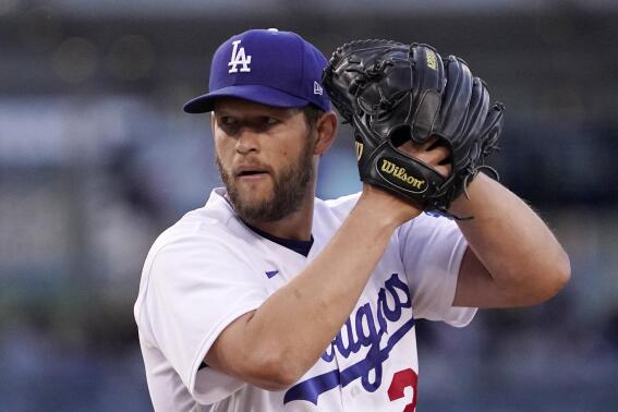 Los Angeles Dodgers starting pitcher Clayton Kershaw throws to the plate during the first inning of a baseball game against the Detroit Tigers Saturday, April 30, 2022, in Los Angeles. (AP Photo/Mark J. Terrill)