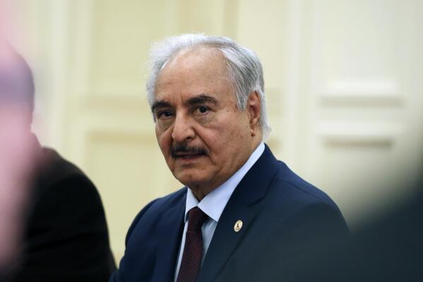 FILE - In this Jan. 17, 2020 file photo, Libyan Gen. Khalifa Hifter joins a meeting with the Greek Foreign Minister Nikos Dendias in Athens. Richard Norland, the U.S. ambassador to Libya met Wednesday, Aug. 11, 2021, in the Egyptian capital Cairo, with Hifter, the commander of the self-styled Libyan Arab Armed Forces, amid international efforts to salvage a U.N.-brokered roadmap for elections in the North African country late this year. (AP Photo/Thanassis Stavrakis, File)
