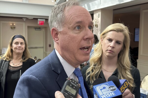 Wisconsin Republican Assembly Speaker Robin Vos derides supporters of former President Donald Trump who are trying to recall him from office as "whack jobs" and "morons" and predicted their effort would fail on Tuesday, March 19, 2024, during an event in Madison, Wis. (AP Photo/Scott Bauer)