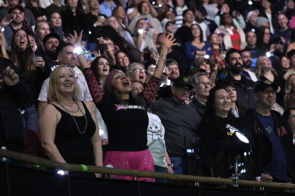 Audience members watch No Doubt perfom during the FireAid benefit concert on Thursday, Jan. 30, 2025, at The Forum in Inglewood, Calif. (AP Photo/Chris Pizzello)