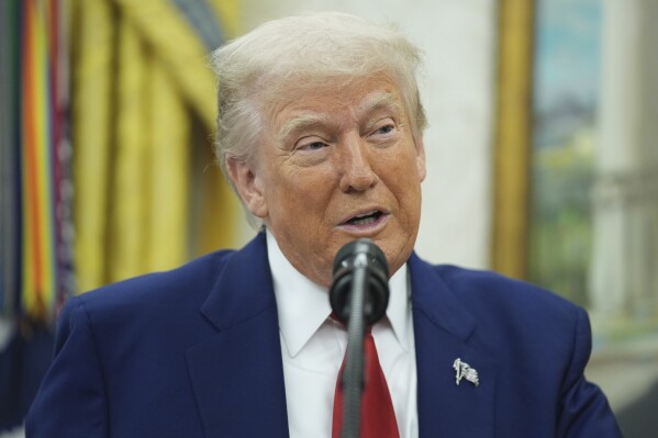 President Donald Trump speaks during a swearing in ceremony for interim U.S. Attorney General for the District of Columbia Jeanine Pirro, Wednesday, May 28, 2025, in The Oval Office of the White House in Washington. (AP Photo/Evan Vucci)
