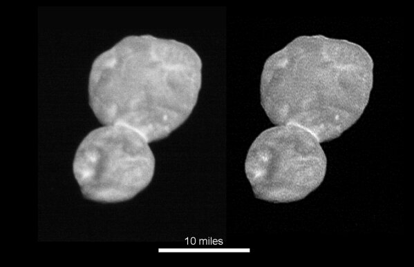 
              This image made available by NASA on Wednesday, Jan. 2, 2019 shows the size and shape of the object Ultima Thule, about 1 billion miles beyond Pluto. The New Horizons spacecraft encountered it on Tuesday, Jan. 1, 2019. (NASA via AP)
            