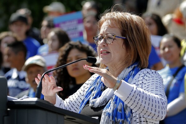 FILE - State Sen. Maria Elena Durazo, D-Los Angeles, addresses a gathering in Sacramento, Calif., May 20, 2019. This year, Durazo, has introduced a bill to require business owners and landlords to disclose their identities under legislation aimed at cracking down on opaque ownership structures that have enabled some companies to skirt state laws without facing consequences. (AP Photo/Rich Pedroncelli, File)