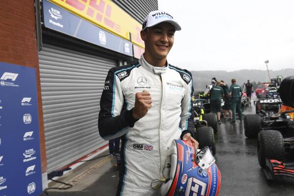 Second place Williams driver George Russell of Britain jubilates after qualification ahead of the Formula One Grand Prix at the Spa-Francorchamps racetrack in Spa, Belgium, Saturday, Aug. 28, 2021. The Belgian Formula One Grand Prix will take place on Sunday. (John Thys, Pool Photo via AP)