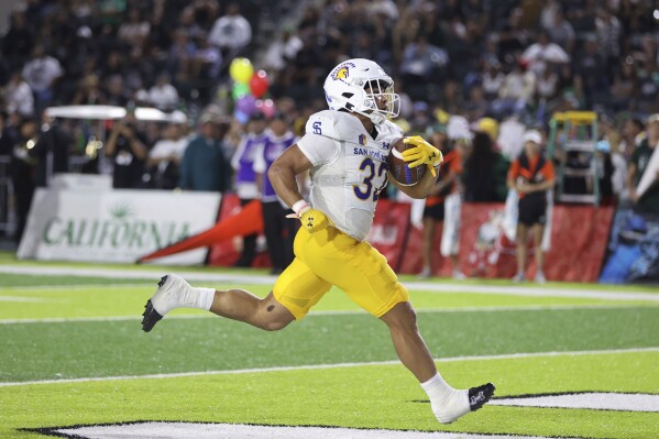 San Jose State running back Kairee Robinson scores a touchdown against Hawaii during the first half of an NCAA college football game Saturday, Oct. 28, 2023, in Honolulu. (AP Photo/Marco Garcia)