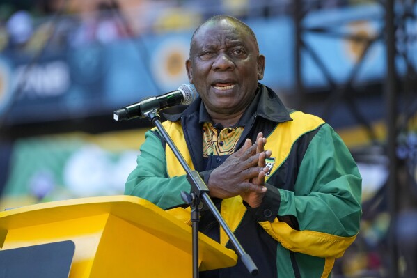 South African President Cyril Ramaphosa adresses African National Congress supporters at the Siyanqoba rally at FNB stadium in Johannesburg, South Africa, Saturday, May 25, 2024. South African will vote in the 2024 general elections May 29. (AP Photo/Jerome Delay)