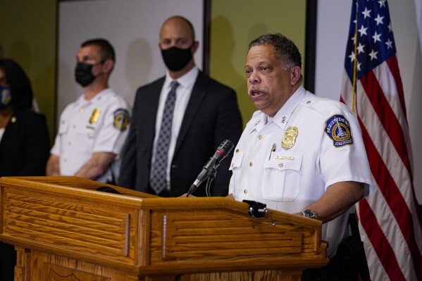 FILE -Chief Randal Taylor of the Indianapolis Metropolitan Police Department speaks at a news conference following a shooting at a FedEx facility in Indianapolis, Friday, April 16, 2021. Indianapolis Police Chief Randal Taylor said Friday, Dec. 15, 2023 that he will step down at the end of the year after four years in charge and will take another role within the department. (AP Photo/Michael Conroy, File)