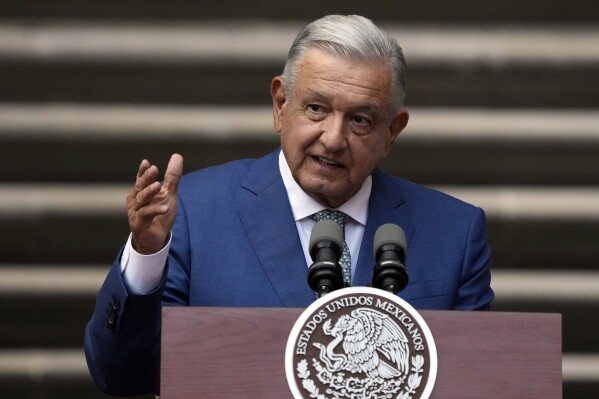 FILE - Mexican President Andres Manuel Lopez Obrador speaks at the National Palace in Mexico City, Jan. 10, 2023. Mexico’s president says he has offered to buy an American company’s Caribbean coast property for $385 million to end a bitter, years-long dispute. President Andres Manuel Lopez Obrador said Thursday, July 27 that a format offer would be presented to Alabama-based Vulcan Materials. (AP Photo/Fernando Llano, File)