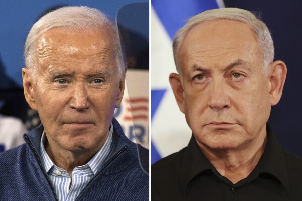 This combination photo shows President Joe Biden, left, on March 8, 2024, in Wallingford, Pa., and Israeli Prime Minister Benjamin Netanyahu in Tel Aviv, Israel, Oct. 28, 2023. Biden and Netanyahu spoke Monday, March 18, in their first interaction in more than a month as the divide has grown between allies over food crisis in Gaza, conduct of war. (AP Photo)