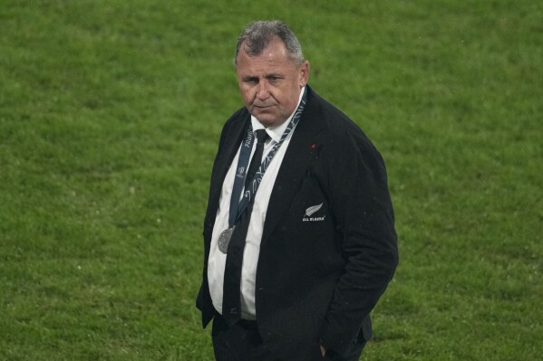 FILE - New Zealand's head coach Ian Foster stands on the pitch after the Rugby World Cup final match between New Zealand and South Africa at the Stade de France in Saint-Denis, near Paris Saturday, Oct. 28, 2023. Former New Zealand All Blacks head coach Foster will take up a new role with Toyota Verblitz for the next season in Japan Rugby League One. (AP Photo/Themba Hadebe, File)