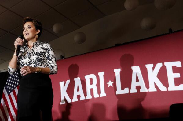 FILE - Kari Lake, former Republican candidate for Arizona governor, speaks during a lunch hosted by the Scott County Republican Women, Friday, Feb. 10, 2023, in Bettendorf, Iowa. An Arizona appeals court on Thursday, Feb. 16, 2023, rejected Lake’s challenge of her defeat in the Arizona governor’s race to Democrat Katie Hobbs, denying her request to throw out election results in the state’s most populous county and hold the election again. (Nikos Frazier/Quad City Times via AP, File)