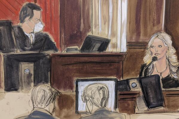 This courtroom sketch shows presiding Judge Jesse Furman, left, listening as Stormy Daniels testifies in her lawsuit trial against Michael Avenatti in federal court, Friday Jan. 28, 2022, in New York. (Elizabeth Williams via AP)