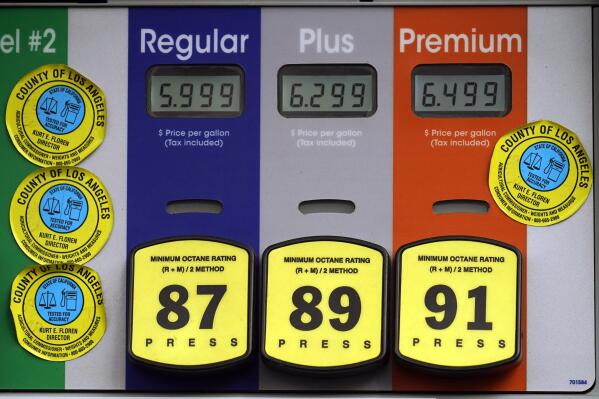 High gas prices are posted at a full service gas station in Beverly Hills, Calif., Sunday, Nov. 7, 2021. The average U.S. price of regular-grade gasoline jumped by 5 cents over the past two weeks, to $3.49 per gallon. The price at the pump is $1.30 higher than a year ago. Industry analyst Trilby Lundberg of the Lundberg Survey said Sunday the rise comes as the cost of crude oil and ethanol surges. Nationwide, the highest average price for regular-grade gas is in the San Francisco Bay Area, at $4.77 per gallon. The lowest average is in Houston, at $2.98 per gallon. (AP Photo/Damian Dovarganes)