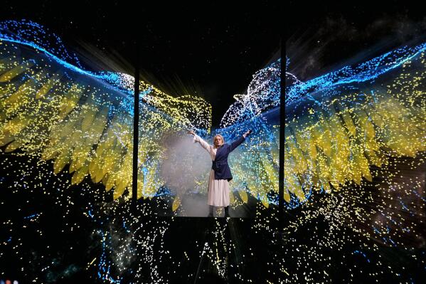 Alyosha of Ukraine performs during a dress rehearsal at the Eurovision Song Contest at the M&S Bank Arena in Liverpool, England, Monday, May 8, 2023. (AP Photo/Martin Meissner)