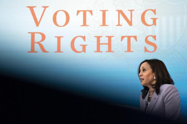 Vice President Kamala Harris speaks about voting rights, Wednesday, June 23, 2021, during a virtual event at the South Court Auditorium on the White House complex in Washington. (AP Photo/Jacquelyn Martin)